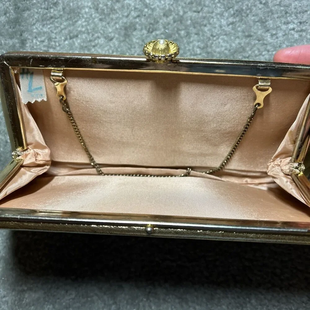 Vintage Gold Metallic Clutch Purse Evening Bag Chain Strap Satin Lined 50’s 60’s - Picture 14 of 16